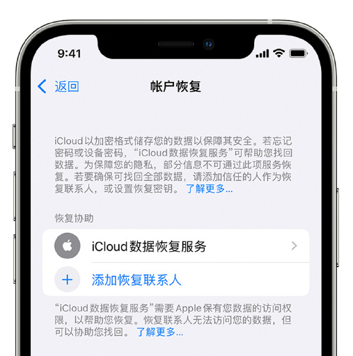 和庆镇苹果手机维修分享在 iPhone 上设置帐户恢复联系人的方法 